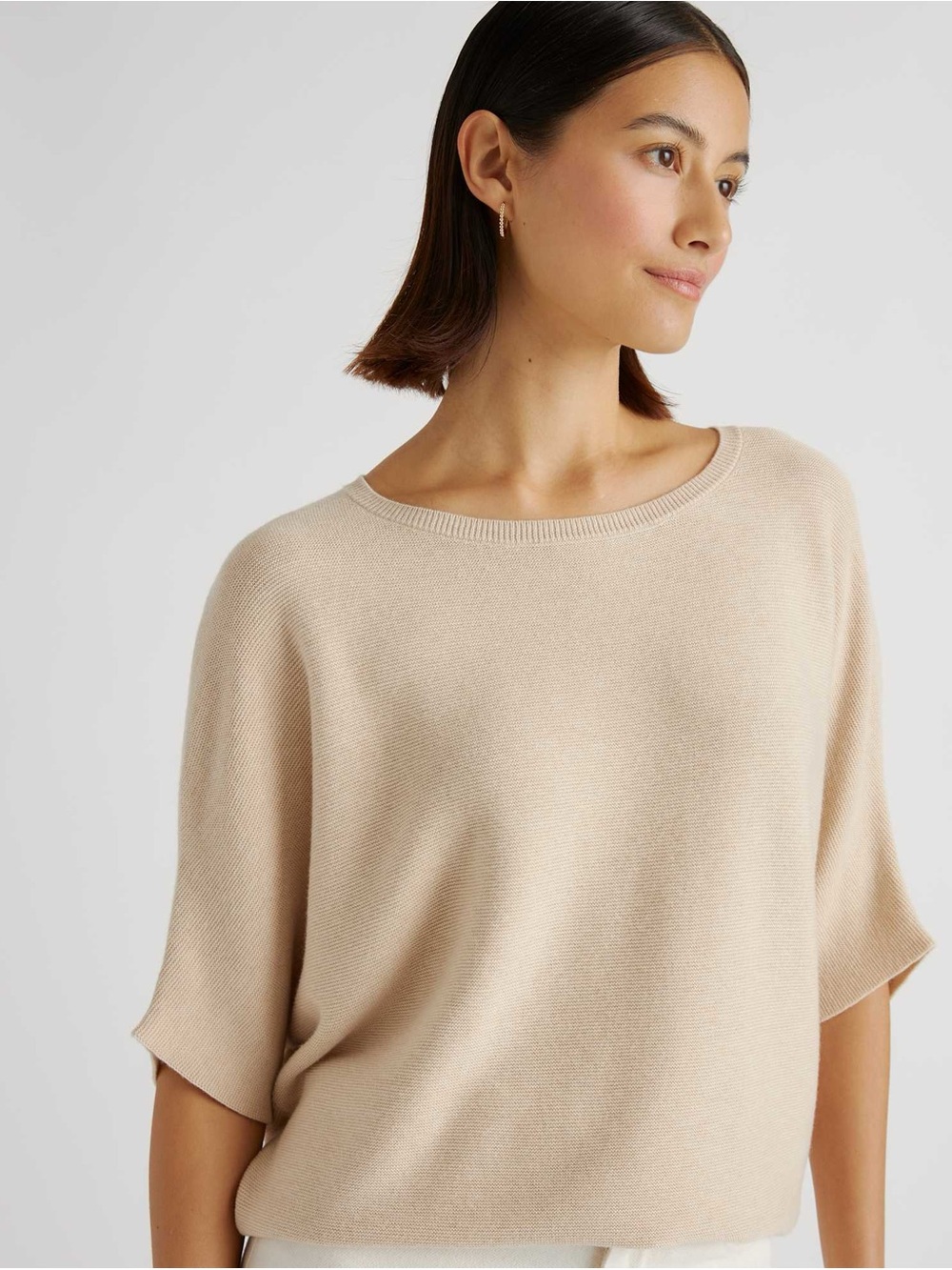 Quince Short Sleeve Lightweight Cotton Cashmere Link-Stitch Dolman Sweater Small